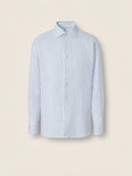 Teal Blue and White Striped Cotton Linen and Silk Shirt