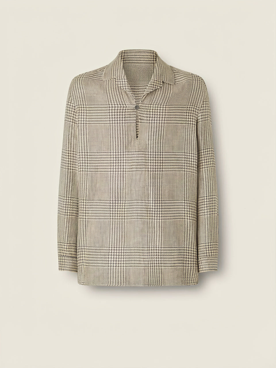 Olive Green and White Prince of Wales Crossover Linen Wool and Silk Shirt