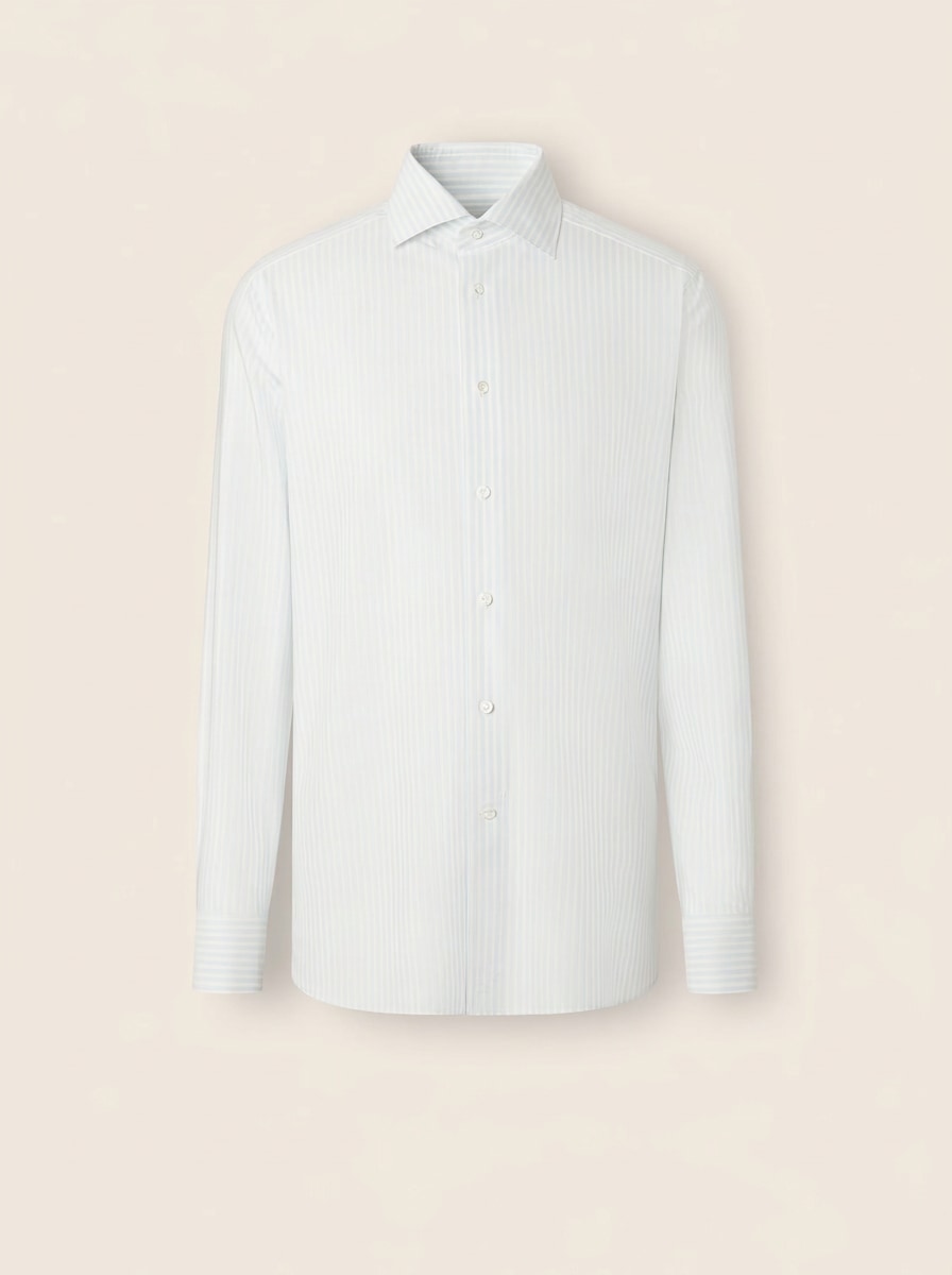White and Light Blue Striped Silk Cotton and Cashmere Shirt