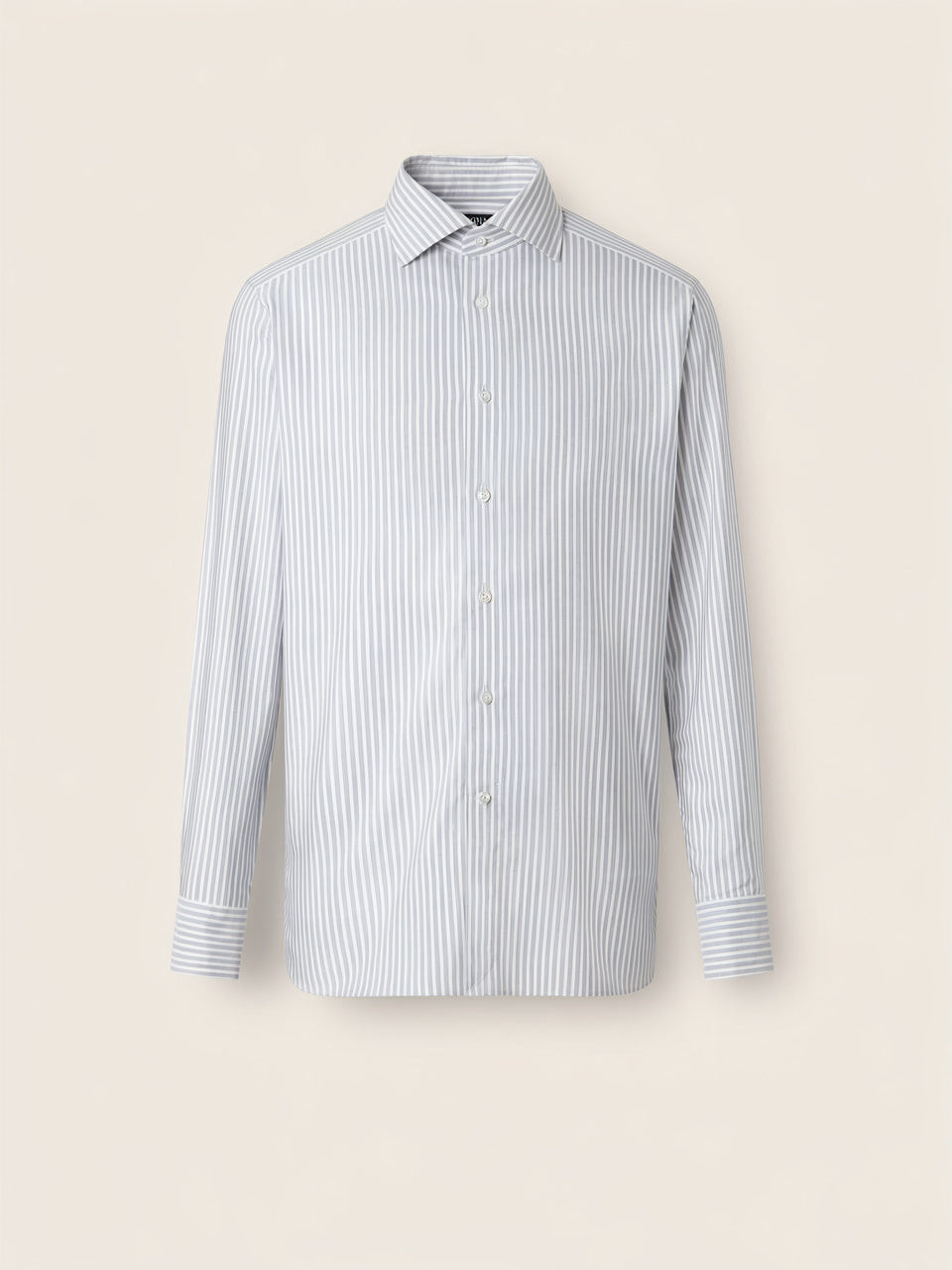 White and Navy Blue Striped Silk Cotton and Cashmere Shirt