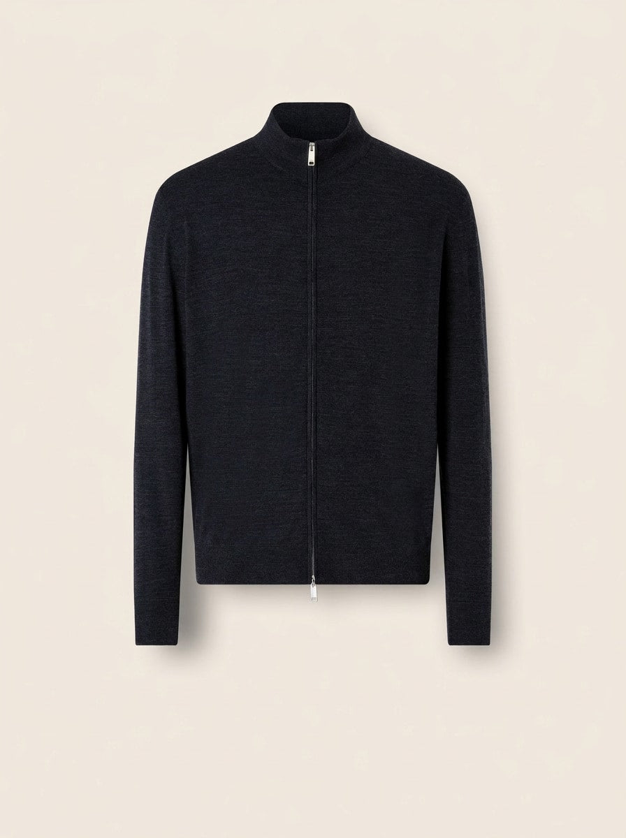 Navy Blue T. 15-Micron Wool Full Zip Cardigan